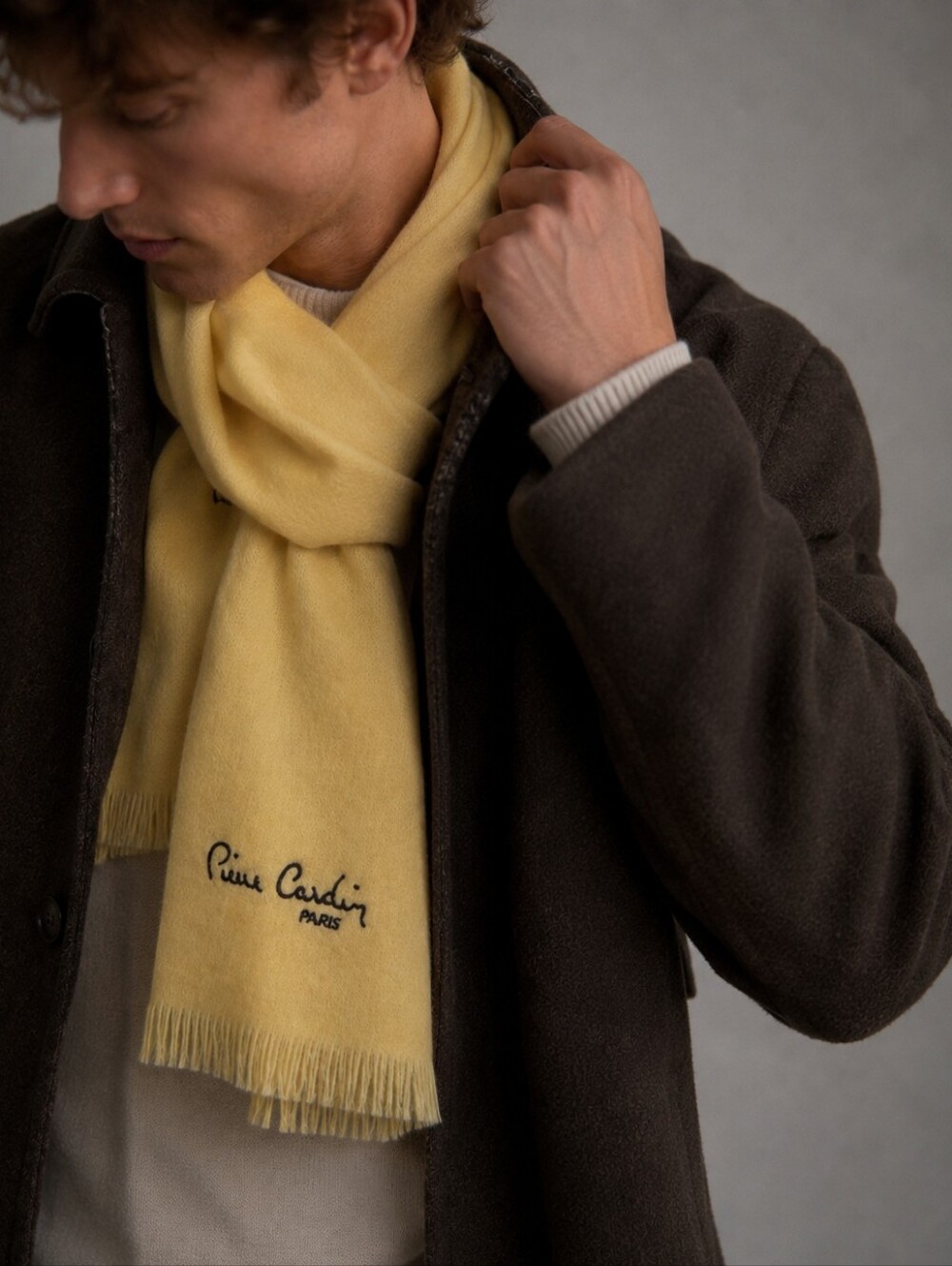 Vintage Pierre Cardin Paris Yellow Fringed Scarf Embroidered Logo Soft Knit